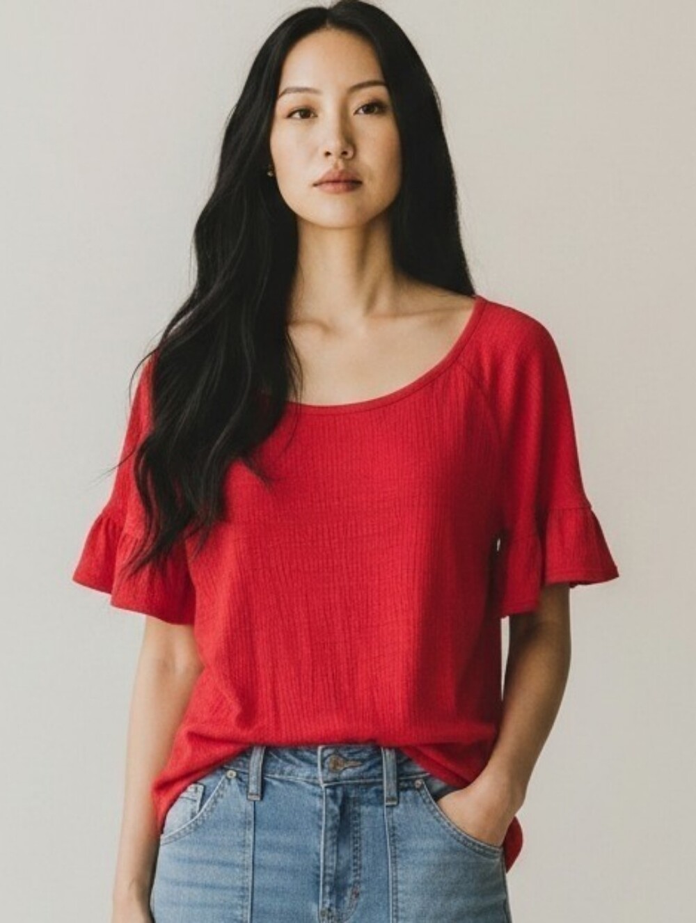 Max Studio London XS Red Textured Ruffle Sleeve Scoop Neck Knit Top